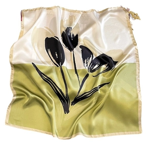 Green and cream 65cm silk scarf with hand-drawn tulip patterns and smooth satin finish