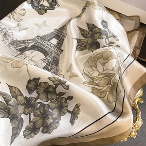Elegant silk scarf with vintage Eiffel Tower and floral print in champagne and gold tones