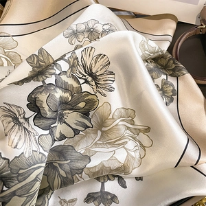Champagne vintage floral silk scarf with elegant botanical print and glossy finish