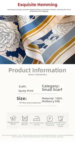 Detail of 100% mulberry silk scarf with floral print and 70x70cm size specifications