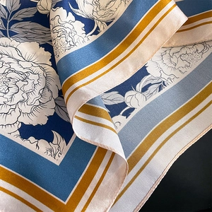 Elegant vintage silk square scarf with floral print and blue geometric borders for women