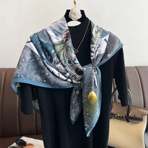 Elegant grey-blue and white printed large square silk scarf for women stylish shawl