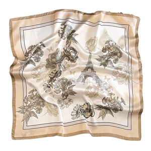 Elegant vintage silk square scarf with champagne gold floral and Eiffel Tower print