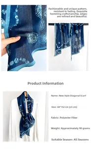 Detailed view of blue mandala print polyester scarf showing size 44x152cm and fabric texture
