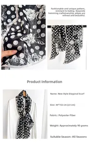 Detailed view of polka dot and floral printed polyester scarf measuring 44x152CM