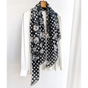 Polka Dot Floral Print Long Skinny Scarf Polyester Black And White Elegant Neck Wrap Scarf For Women Soft Lightweight