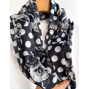 Retro black and white polka dot silk scarf with floral patterns for elegant women