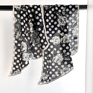 Retro black and white polka dot silk scarf with floral patterns for elegant women