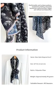 Detail of navy blue polyester scarf with feather print and 44x152cm size specifications