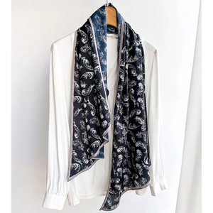 Classic geometric vintage feather print cotton linen scarf for women on white shirt