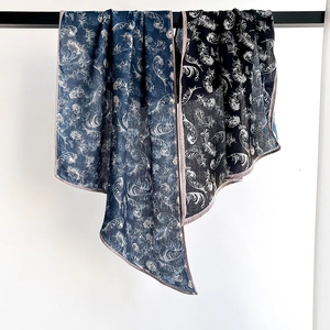 Classic blue and black cotton-linen feel scarves with elegant white feather print design