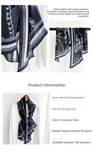 Detail of navy blue chain print polyester scarf measuring 44x152cm for all seasons