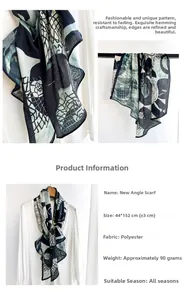 Detailed view of geometric camellia scarf measuring 44x152cm made of premium polyester