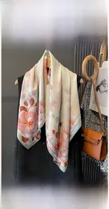 Detail of 90x90cm simulated silk floral scarf with elegant pink peony prints