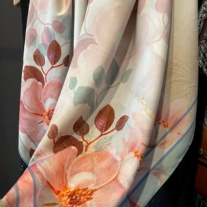 Elegant floral silk-like shawl with pink blossoms and satin finish for women