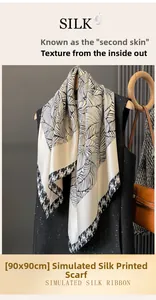 Dettaglio foulard 90x90cm in finta seta con stampe di foglie e bordi pied-de-poule