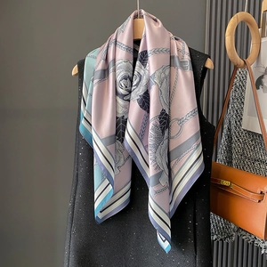 Vintage silk scarf with floral rose and chain patterns in pastel pink and blue