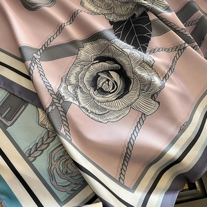 Vintage silk scarf with floral camellia patterns and chain details for women