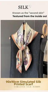 Detailed close-up of 90x90cm floral silk-feel scarf with elegant purple botanical print