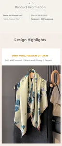Detail showing elegant blue floral prints on a 90cm square polyester silk scarf