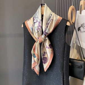 Elegant Square Scarf For Women Vintage Floral Print Satin Feeling Satin Headscarf Retro Fashion Neck Wrap Hair Bandana