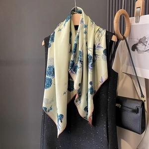 Vintage style floral pattern large square silk scarf with elegant yellow and blue floral print
