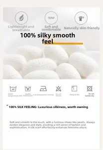 Detail showing 100% silky texture material features and care instructions for women scarf