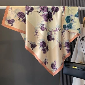 Elegant 90cm vintage floral silk scarf shawl with purple blooms on cream background