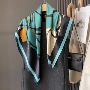 Large Square Scarf Satin Geometric Print Abstract Color Block Fashion Elegant Neck Head Wrap For Women