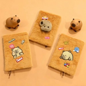 Three plush Capybara A5 notebooks with soft fur covers and cute 3D embroidery details