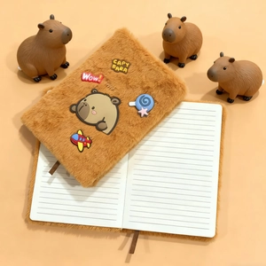 Cute Capybara plush A5 notebook with brown fuzzy cover and colorful 3D cartoon patches