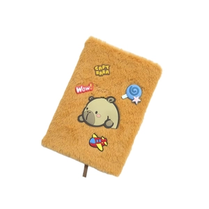 Plush brown Capybara notebook with cute 3D silicone patches and A5 furry cover for students
