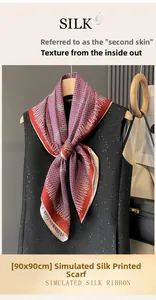 Detail of 90x90cm silk-like scarf with geometric patterns on a black sequin vest