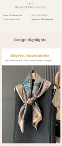 Detail view of 90x90cm polyester silk square scarf with geometric patterns