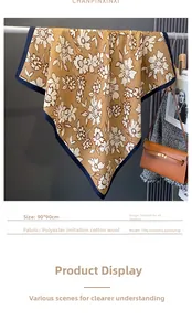 Detailed view of 90x90cm floral print scarf with caramel yellow and navy blue borders