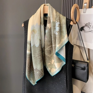 Elegant 90cm square silk scarf with vintage lotus print on cream background and green edges