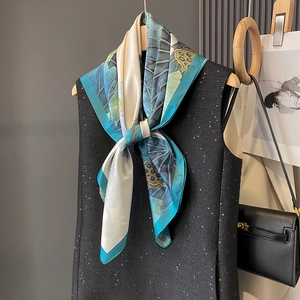 Large Square Scarf Polyester Satin Double Sided Lotus Print Ink Painting Style Elegant Fashion Neck Wrap For Women