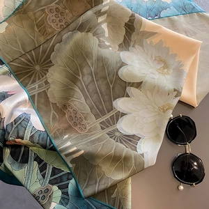 Double-sided lotus print silk scarf 90cm square wrap with premium vintage patterns