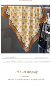 Detail view of 90x90cm vintage floral geometric scarf with soft mandala print texture