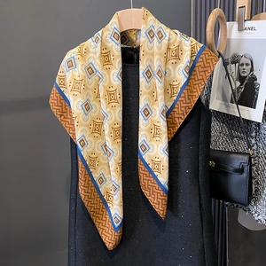 Vintage floral printed silk scarf with ginger yellow and blue geometric pattern design