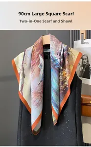 Detail of a large 90cm silk scarf with colorful abstract oil painting print on a hanger