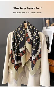 Detailed view of a 90cm square floral scarf styled on a blazer for elegant shawl use