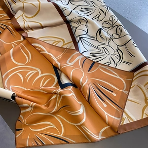 Vintage double-sided floral satin silk scarf with orange and brown contrast pattern
