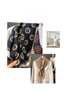 Detail of polka dot floral scarf with silky texture paired with a white blazer