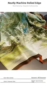 Detail view of oil painting style square scarf showing 90cm size and silky texture