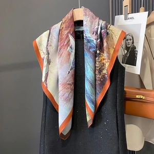 Vintage oil painting print square scarf with orange borders on a black dress