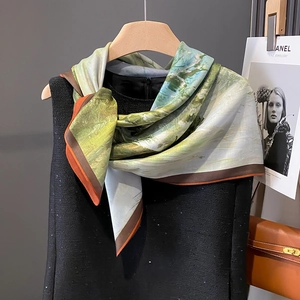 Vintage art oil painting silk scarf styled over a black sleeveless tweed dress