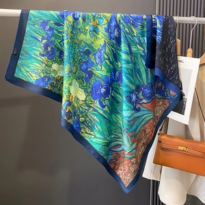 Carré de soie artistique avec imprimé Iris de Van Gogh et bordure bleu marine