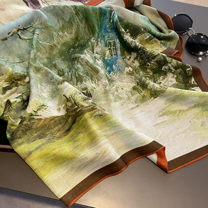 Vintage oil painting silk square scarf with landscape art print and elegant border