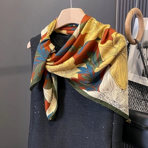 90cm floral print silk scarf featuring a vintage botanical pattern and green border